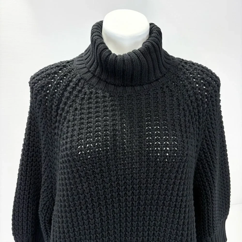 J. Crew Black Waffle Knit Turtleneck Sweater Size L Button Sleeve Poncho J6393